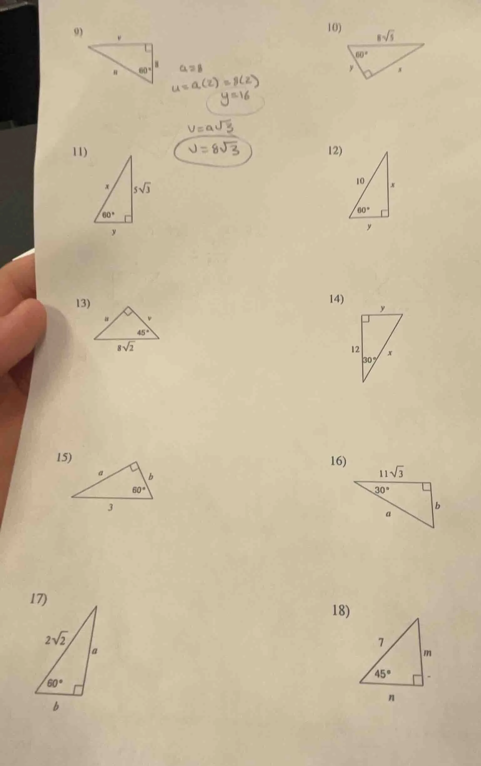 9) 10) 8√3 60° y x 11) x 5√3 60° y 12) 10 x 60° y 13) u 45° 8√2 14) y 1…