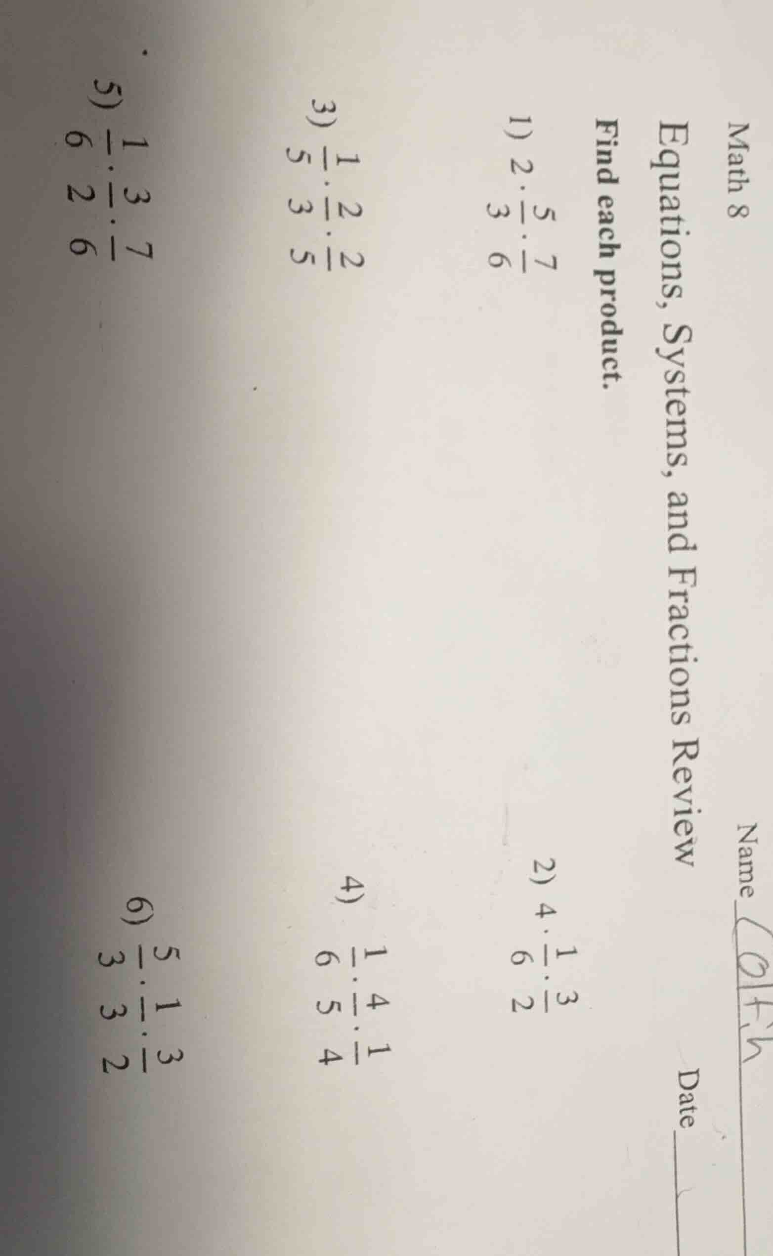 math 8 equations, systems, and fractions review find each product. 1) $…