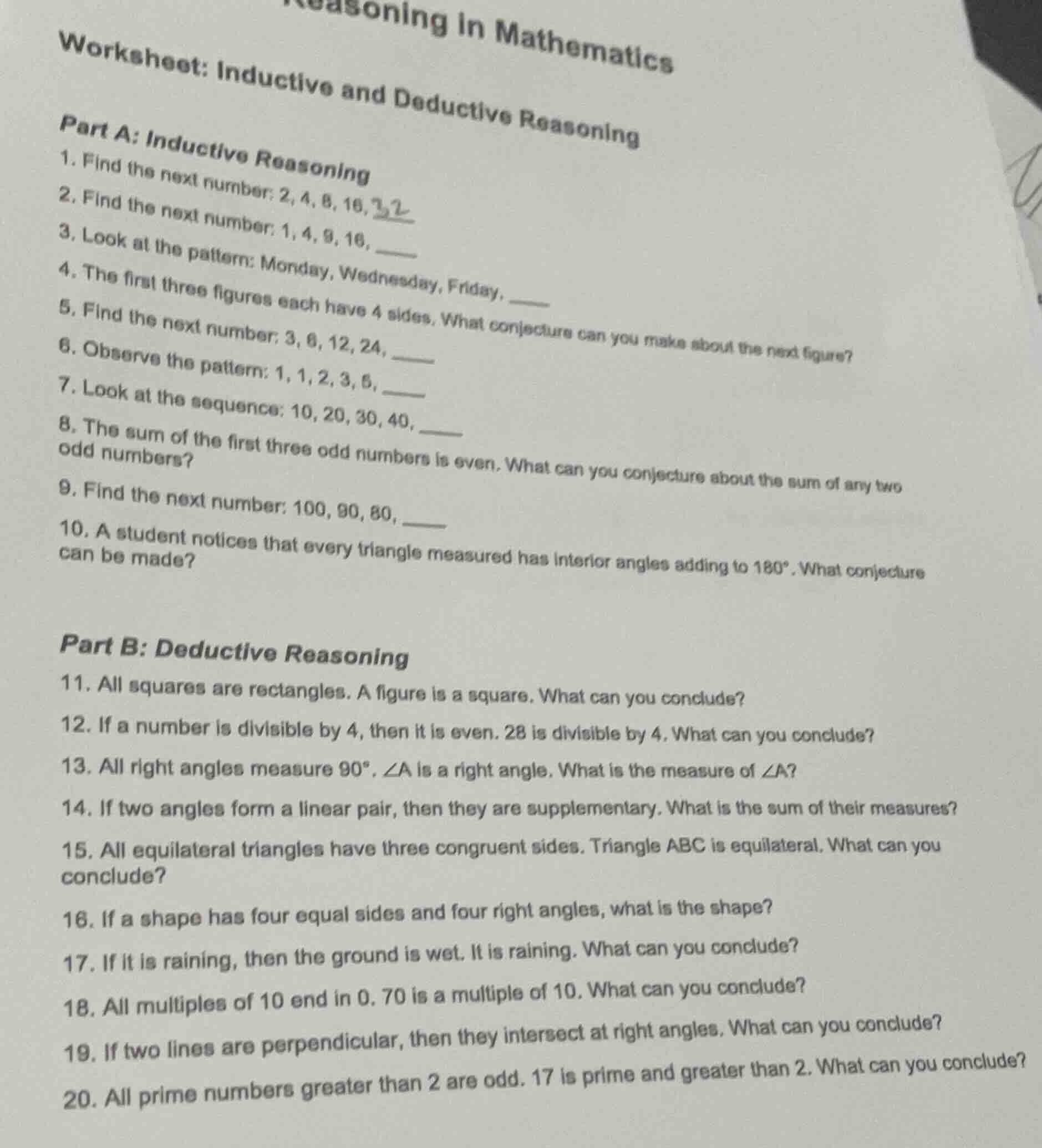 reasoning in mathematics worksheet: inductive and deductive reasoning p…