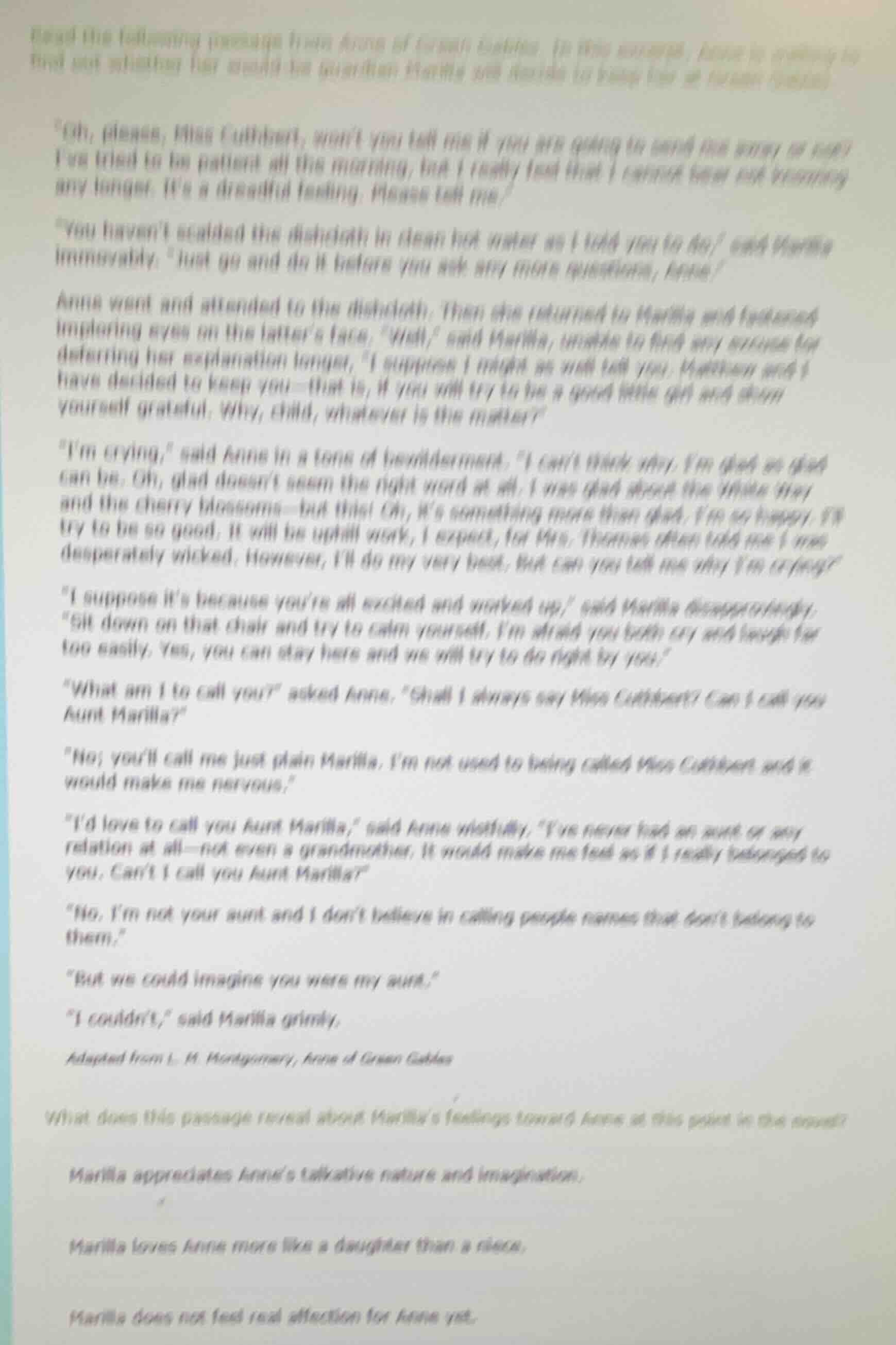 read the following passage from anne of green gables. in this excerpt, …