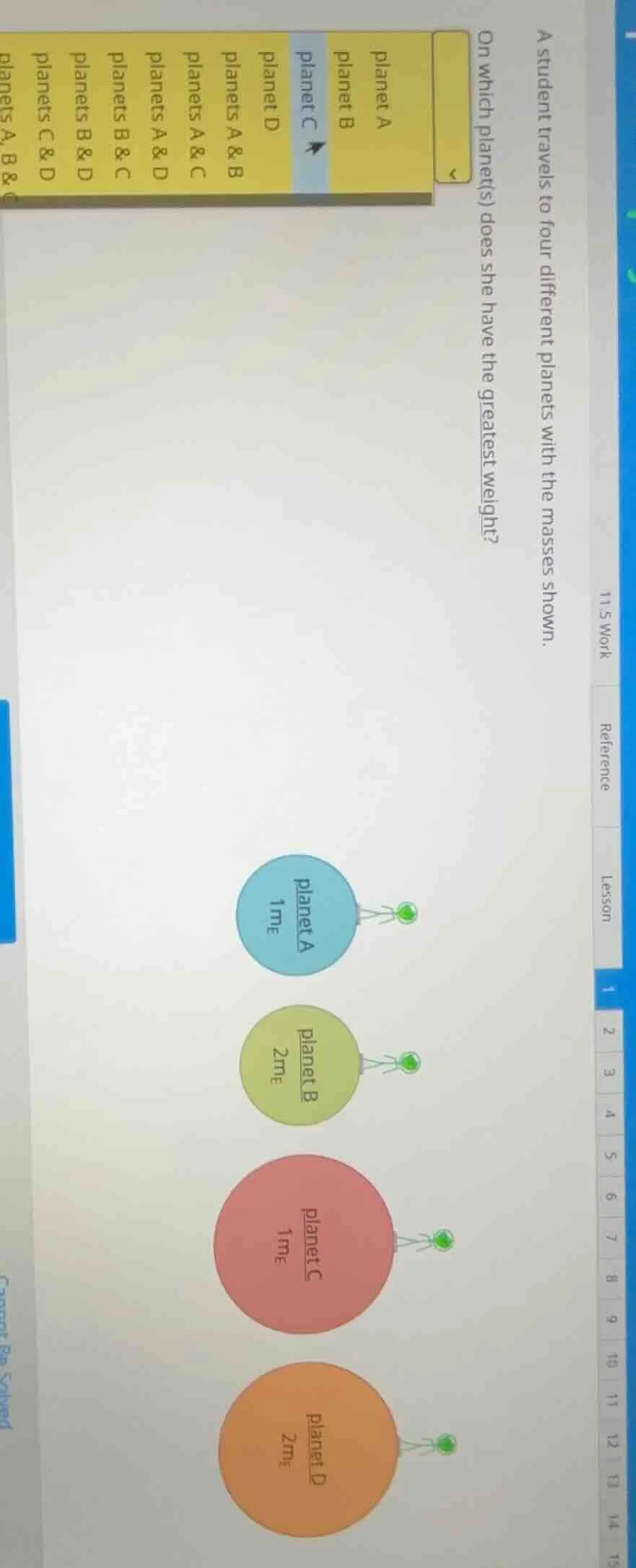 a student travels to four different planets with the masses shown. on w…