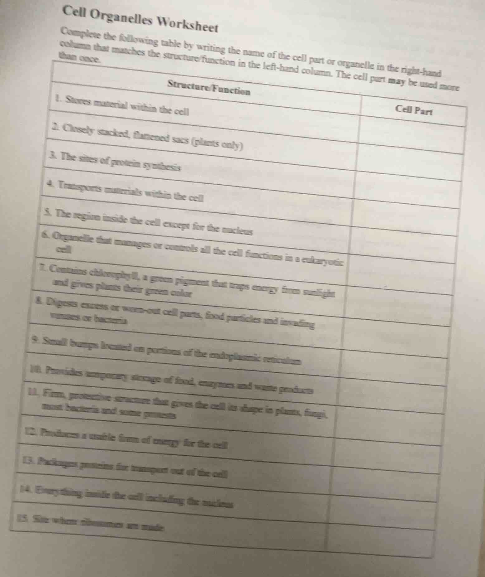 cell organelles worksheet complete the following table by writing the n…