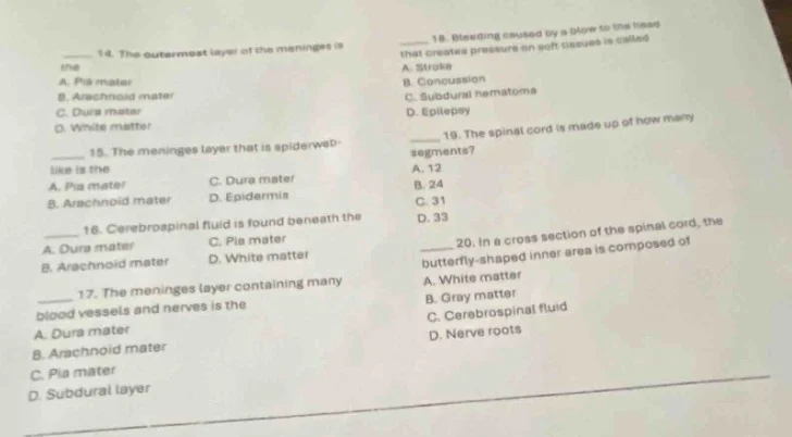 14. the outermost layer of the meninges is the a. pia mater b. arachnoi…