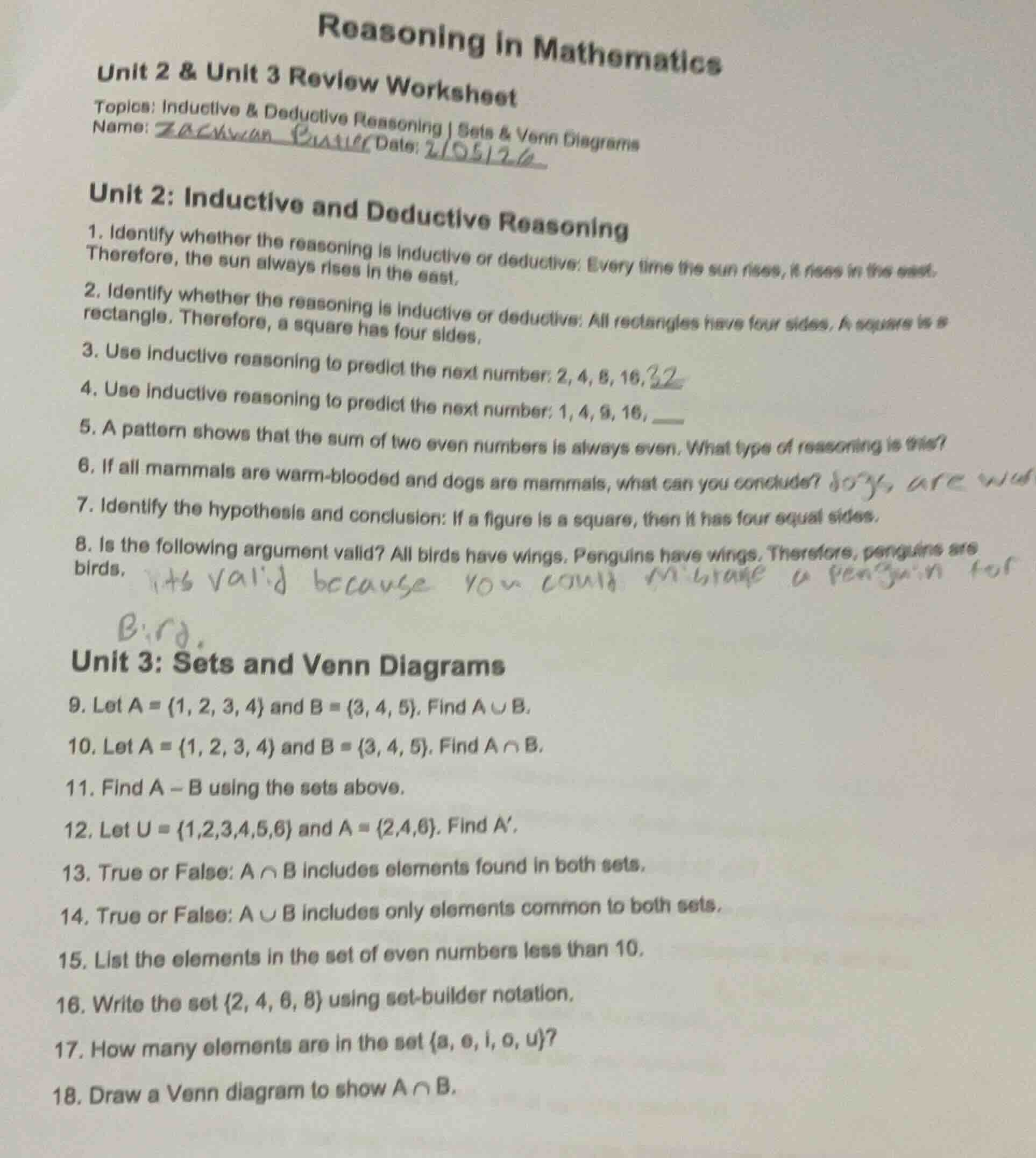 reasoning in mathematics unit 2 & unit 3 review worksheet topics: induc…