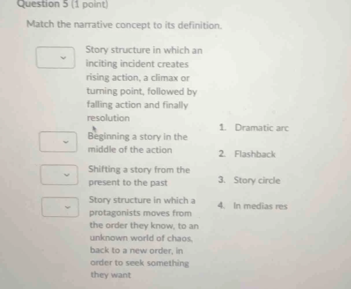 question 5 (1 point) match the narrative concept to its definition. sto…