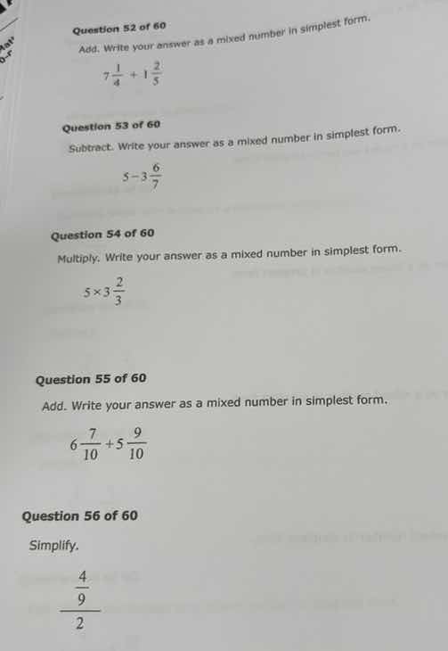 question 52 of 60 add. write your answer as a mixed number in simplest …