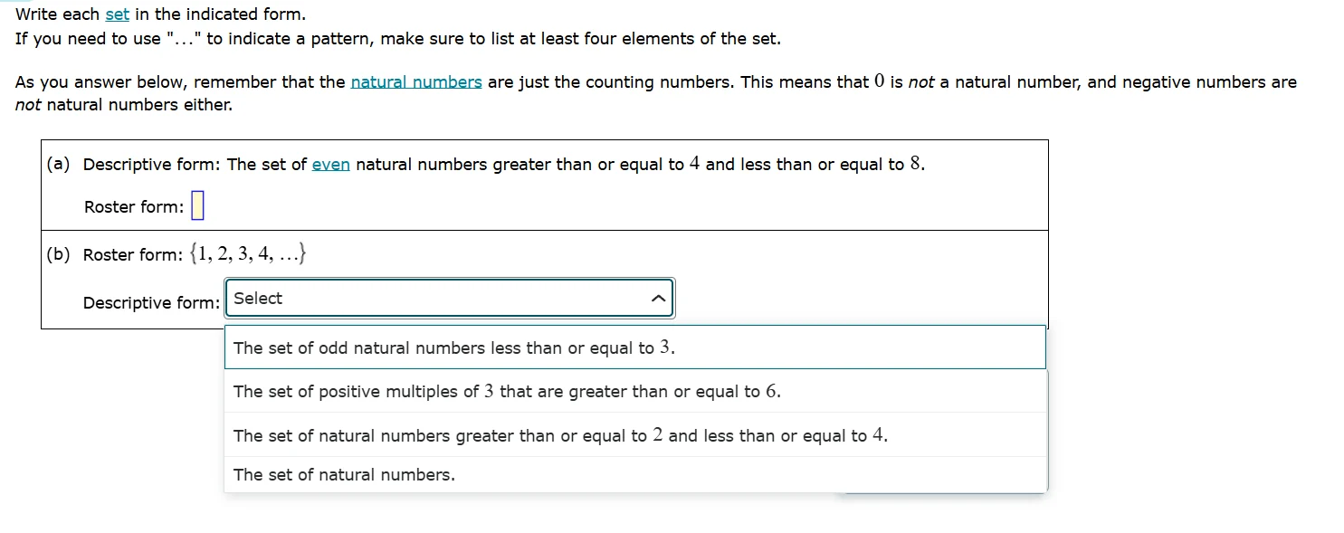 write each set in the indicated form. if you need to use \...\ to indic…