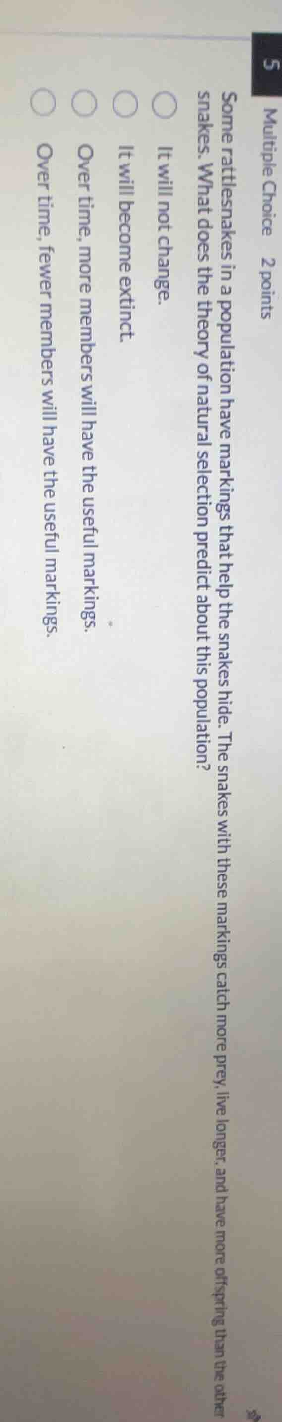 multiple choice 2 points some rattlesnakes in a population have marking…