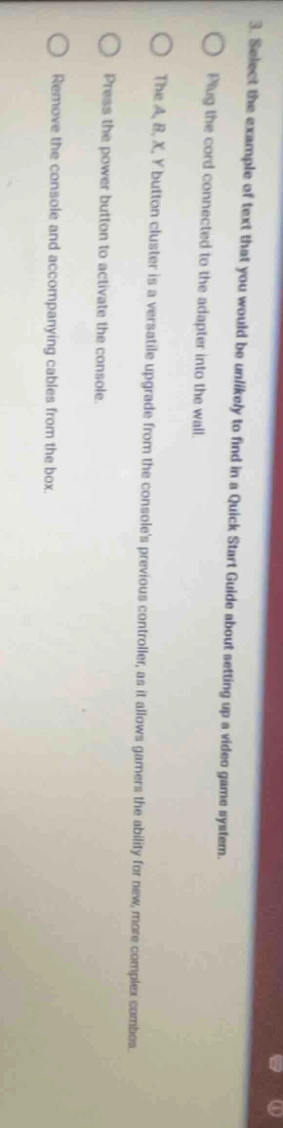 3. select the example of text that you would be unlikely to find in a q…