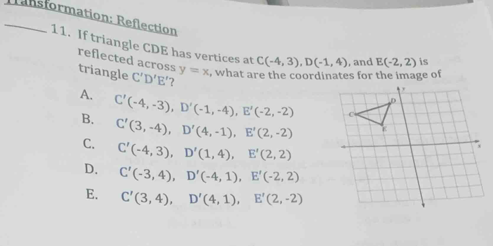 transformation: reflection 11. if triangle cde has vertices at c(-4, 3)…