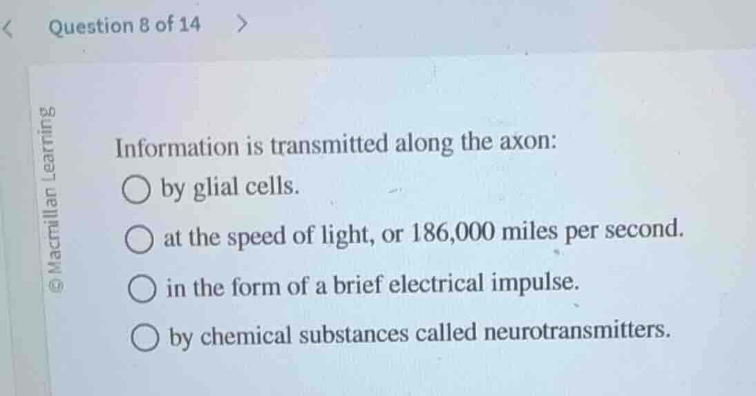 information is transmitted along the axon: by glial cells. at the speed…