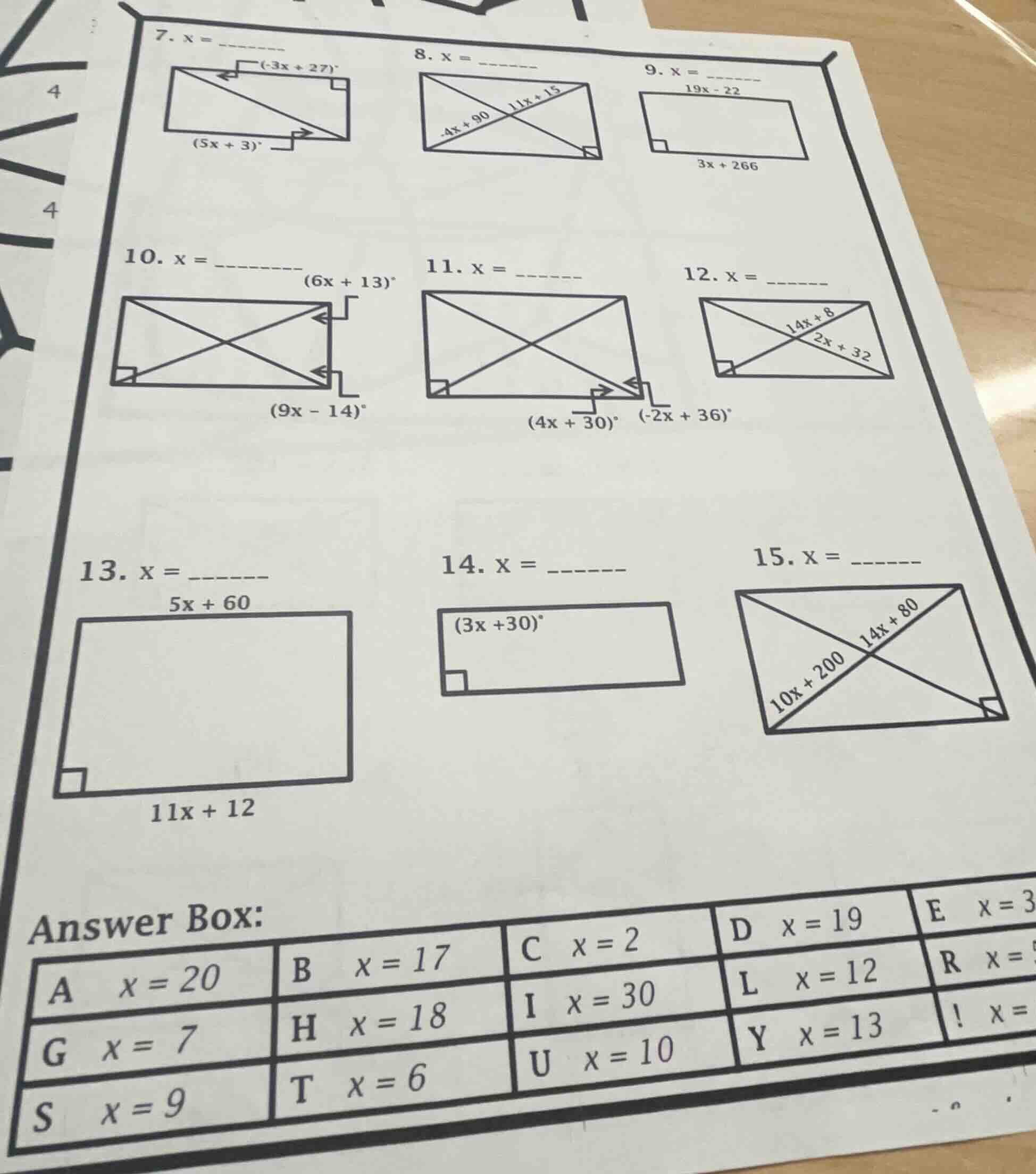 7. x = (-3x + 27)° (5x + 3)° 8. x = -4x + 90 11x + 15 9. x = 19x - 22 3…