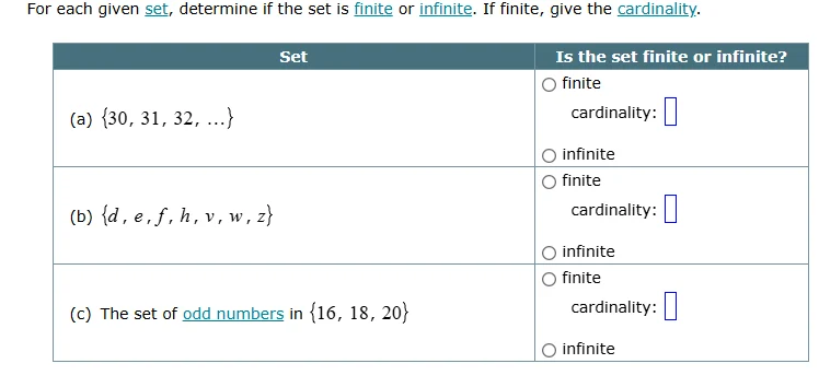 for each given set, determine if the set is finite or infinite. if fini…