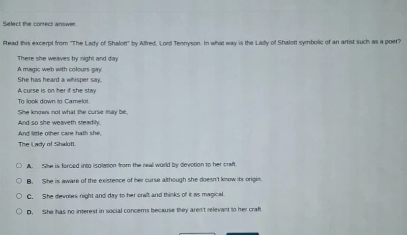 select the correct answer. read this excerpt from the lady of shalott b…