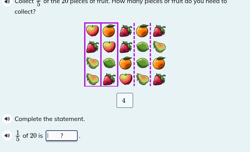 collect \\(\\frac{1}{5}\\) of the 20 pieces of fruit. how many pieces o…