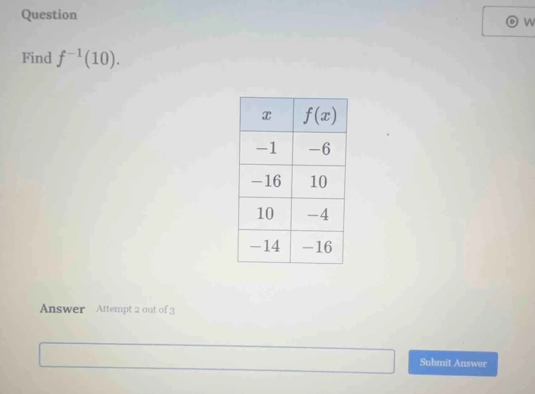 question find $f^{-1}(10)$. | $x$ | $f(x)$ | | --- | --- | | $-1$ | $-6…