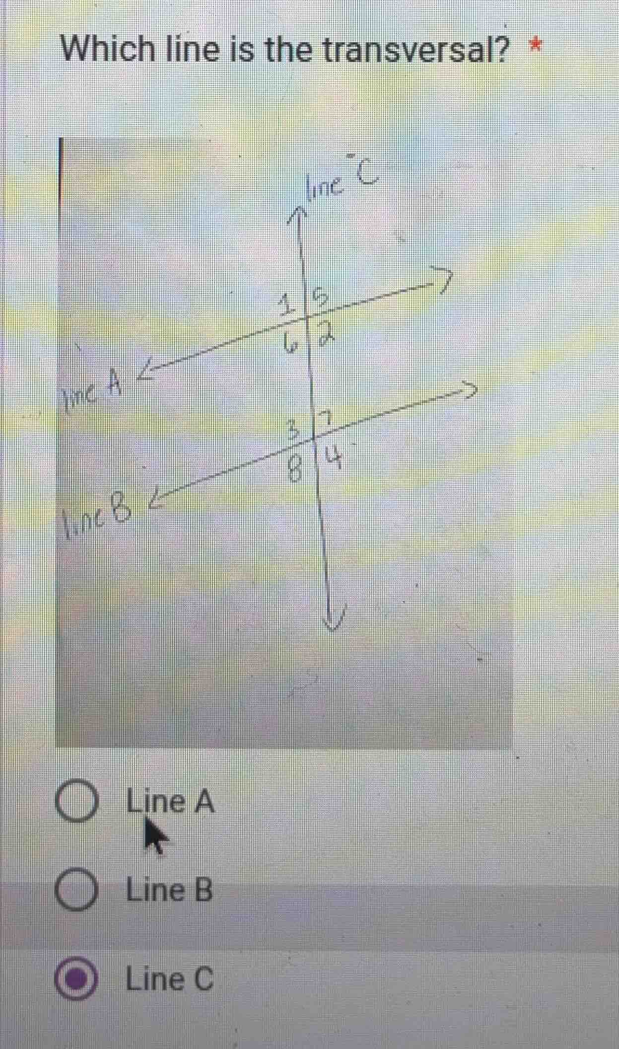 which line is the transversal? line a line b line c