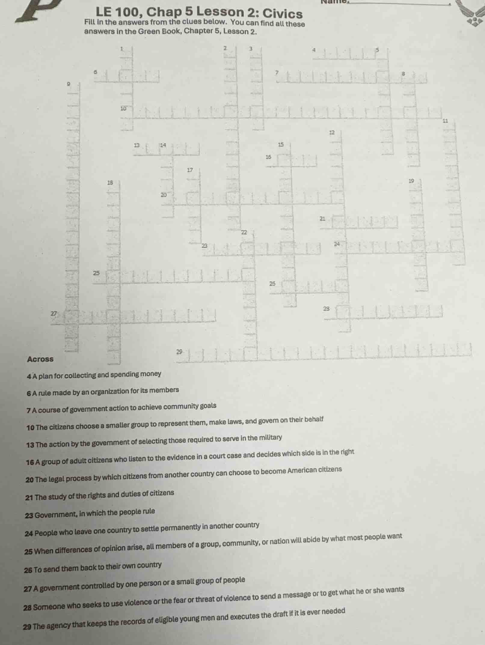 le 100, chap 5 lesson 2: civics fill in the answers from the clues belo…