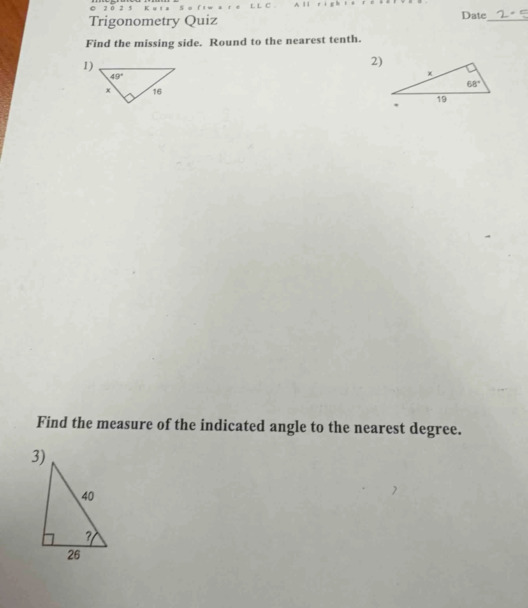 trigonometry quiz find the missing side. round to the nearest tenth. 1)…