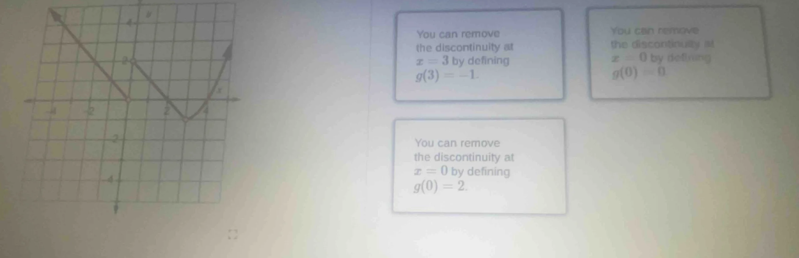 you can remove the discontinuity at ( x = 3 ) by defining ( g(3) = -1 )…