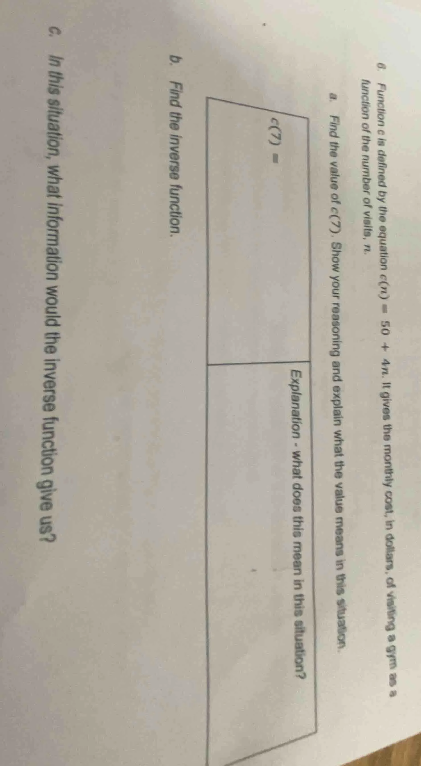 6. function ( c ) is defined by the equation ( c(n) = 50 + 4n ). it giv…