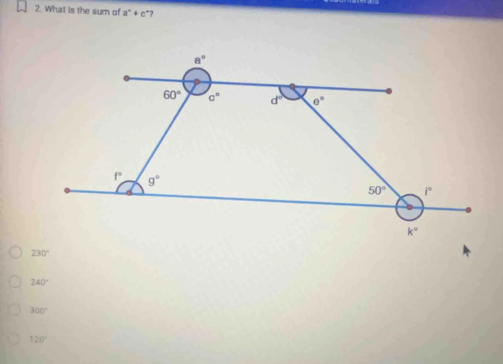 2. what is the sum of ( a^circ + c^circ )? (options: ( 230^circ ), ( 24…