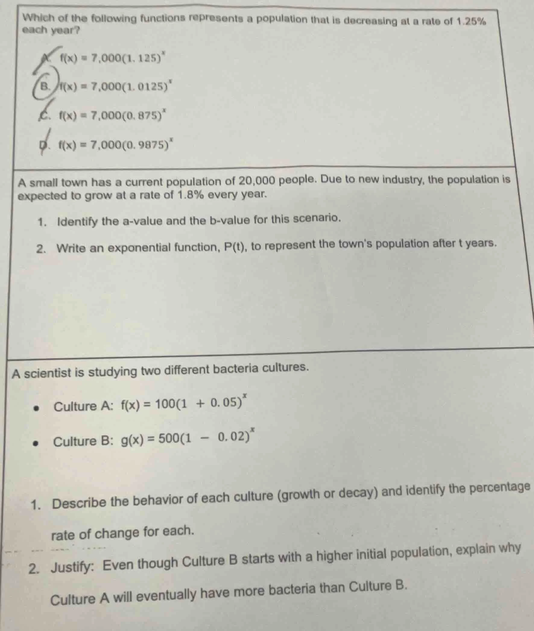 which of the following functions represents a population that is decrea…