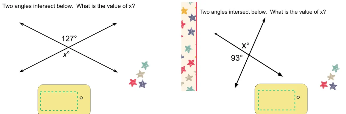two angles intersect below. what is the value of x? two angles intersec…