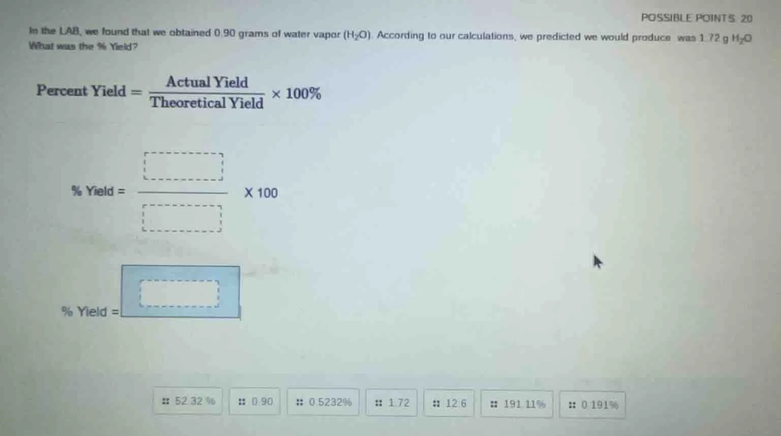 in the lab, we found that we obtained 0.90 grams of water vapor (h₂o). …