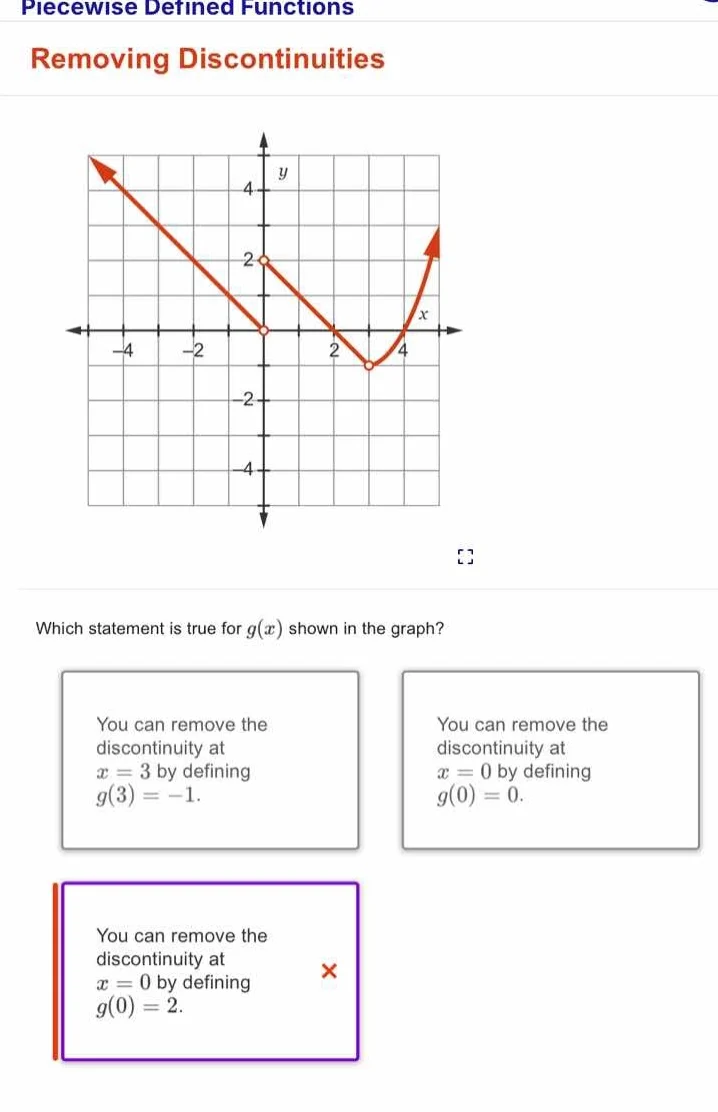 piecewise defined functions removing discontinuities which statement is…