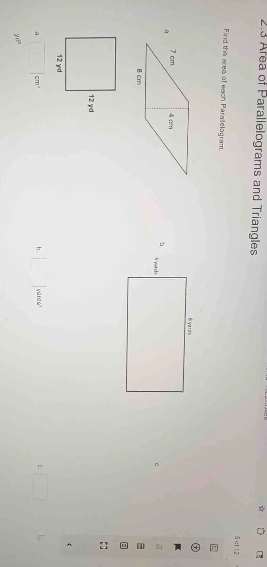 2.3 area of parallelograms and triangles find the area of each parallel…