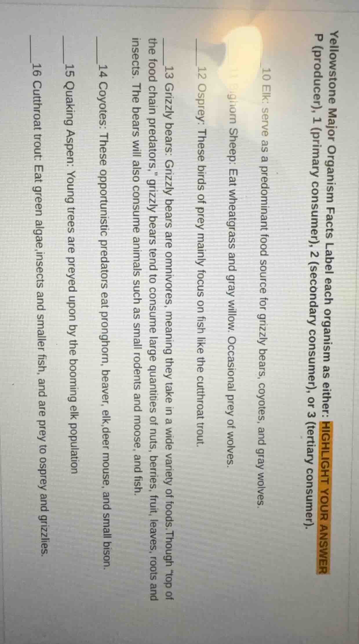 yellowstone major organism facts label each organism as either: p (prod…