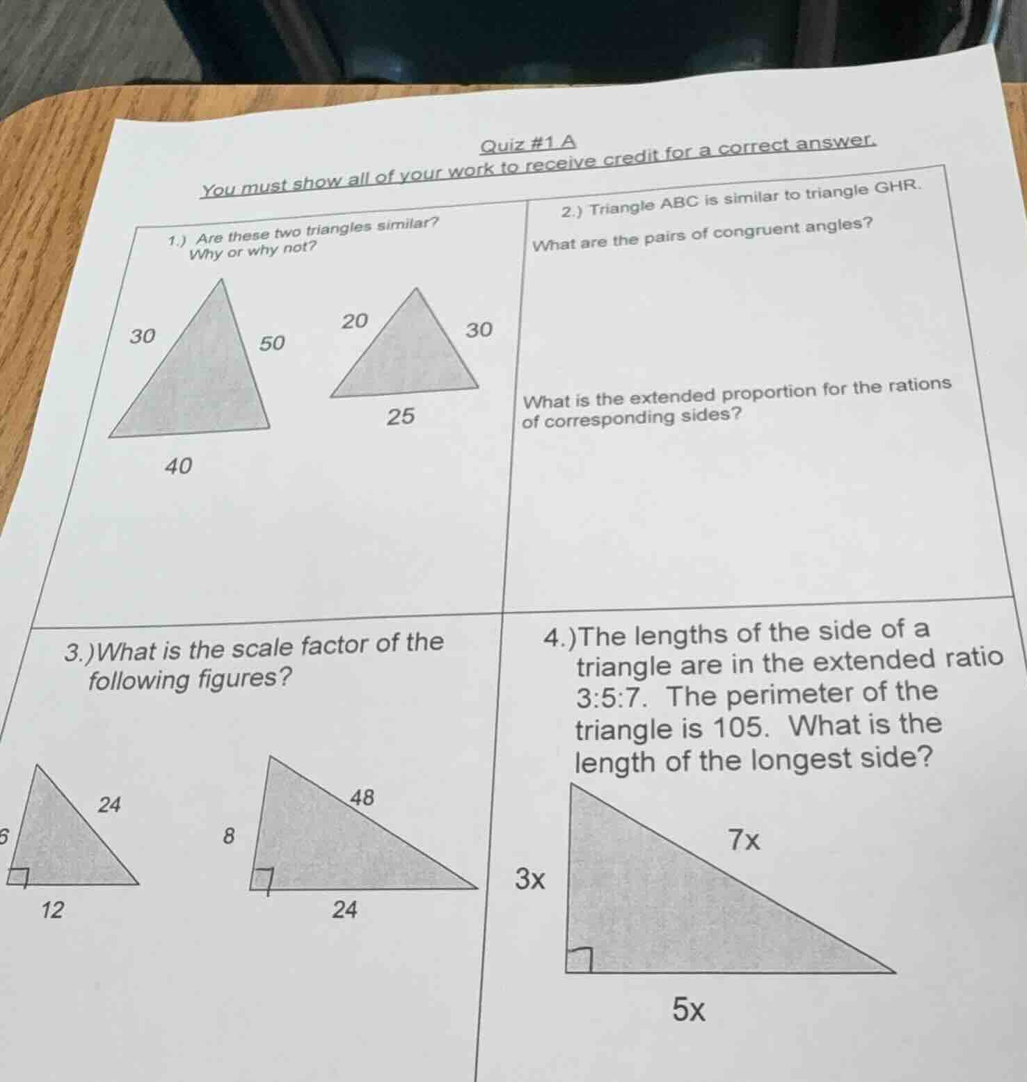 quiz #1 a you must show all of your work to receive credit for a correc…