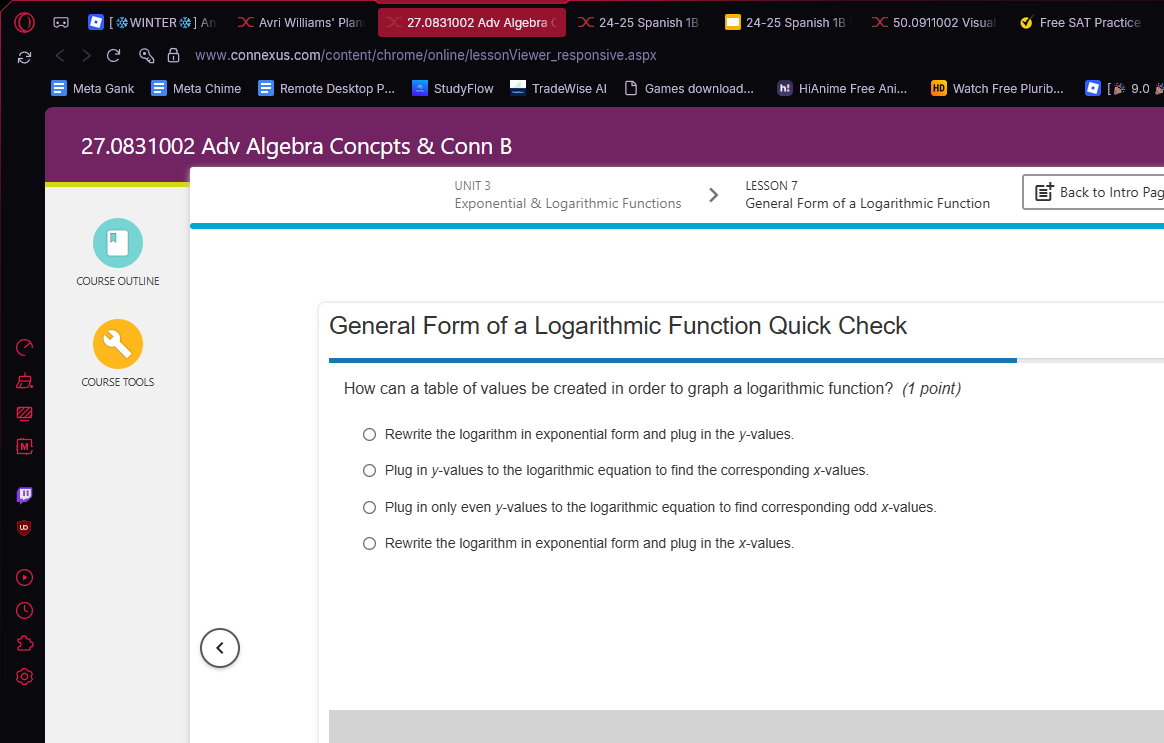 general form of a logarithmic function quick check how can a table of v…