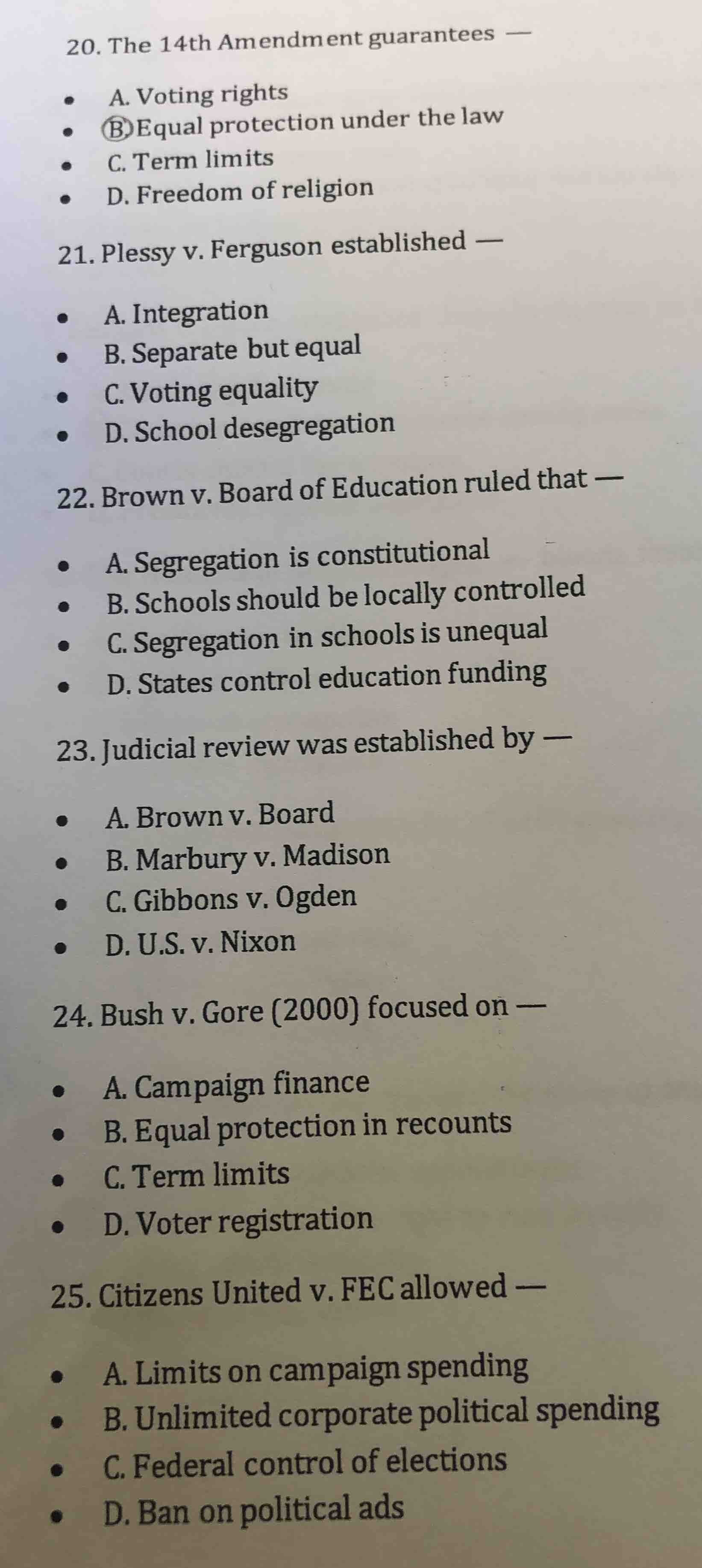 20. the 14th amendment guarantees — a. voting rights b. equal protectio…