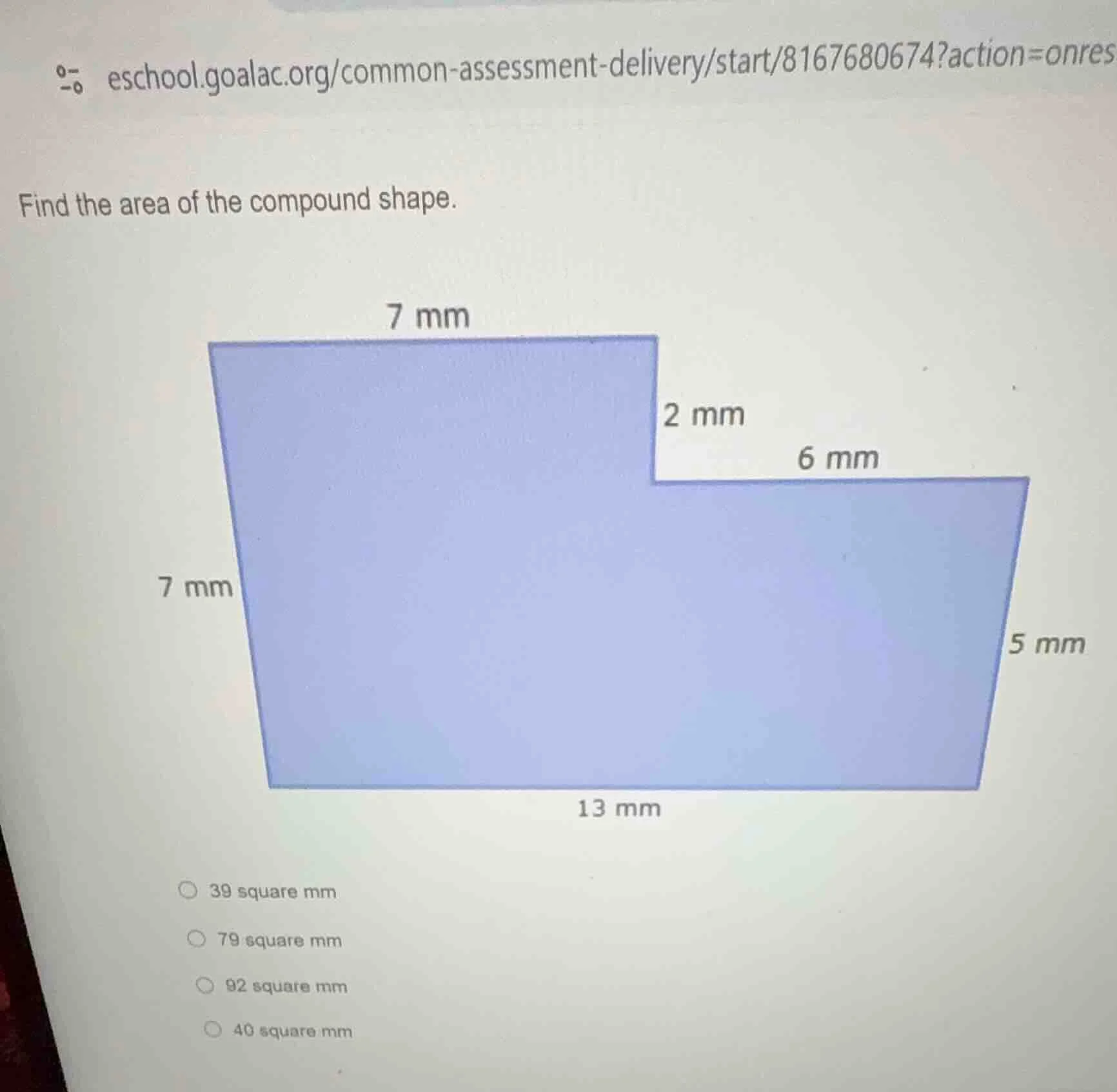 find the area of the compound shape. 7 mm 2 mm 6 mm 7 mm 5 mm 13 mm 39 …