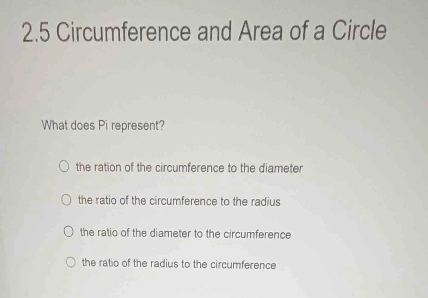 2.5 circumference and area of a circle what does pi represent? the rati…