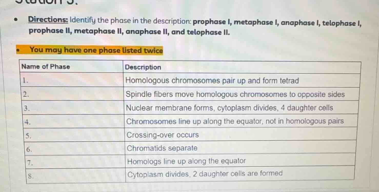directions: identify the phase in the description: prophase i, metaphas…