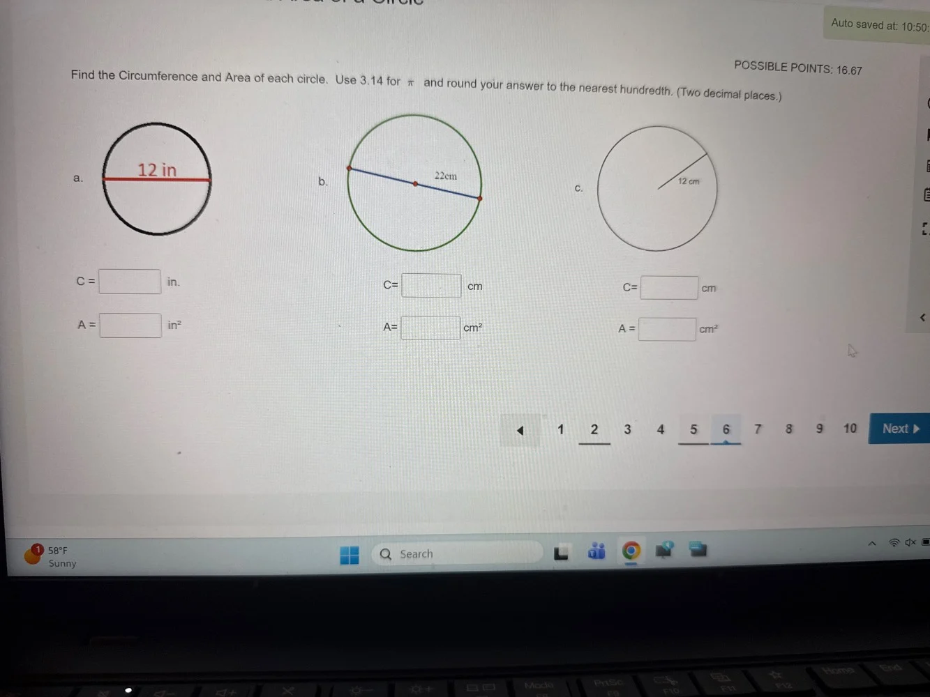 find the circumference and area of each circle. use 3.14 for \\( \\pi \…