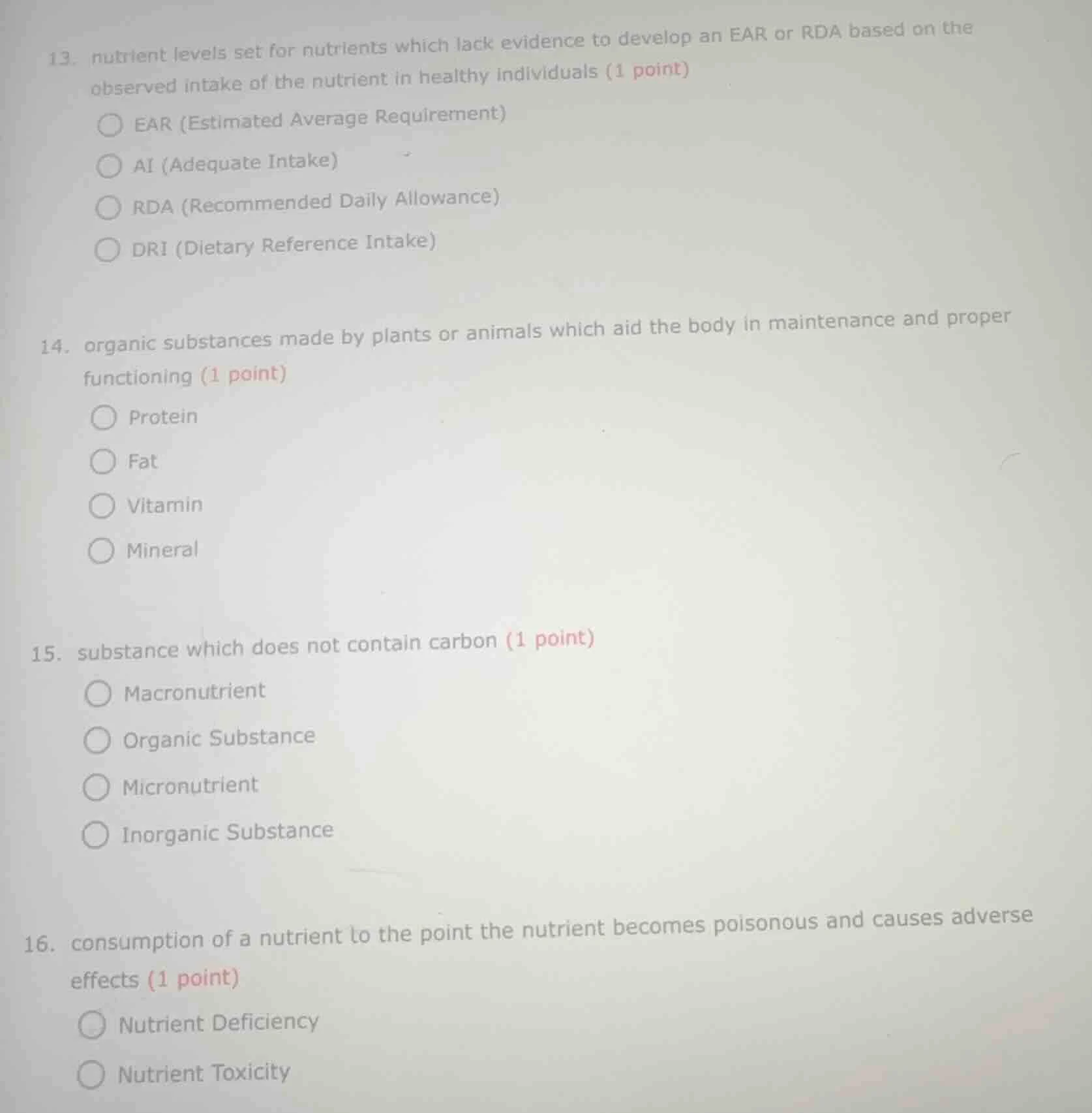 13. nutrient levels set for nutrients which lack evidence to develop an…