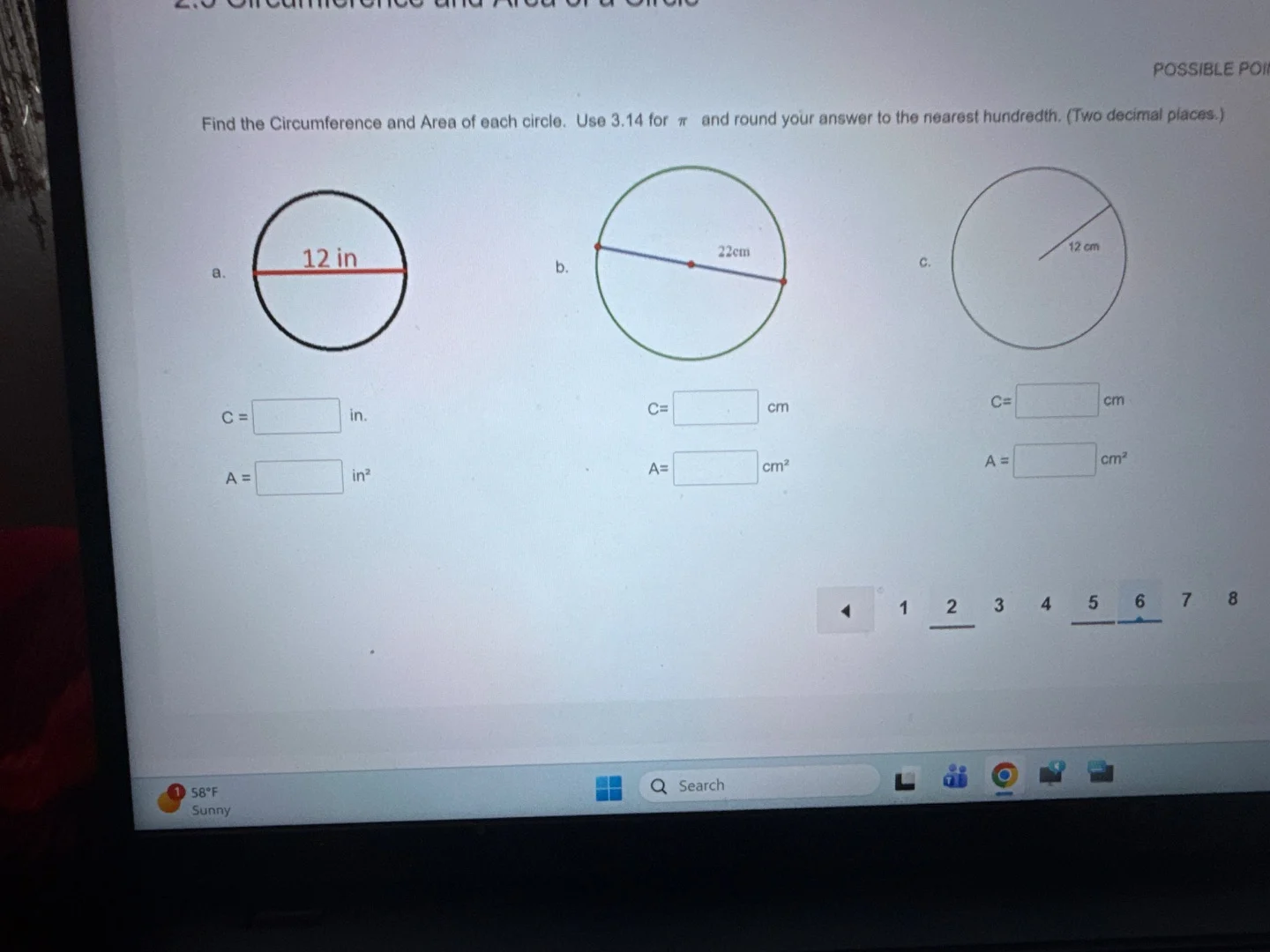 find the circumference and area of each circle. use 3.14 for $\\pi$ and…