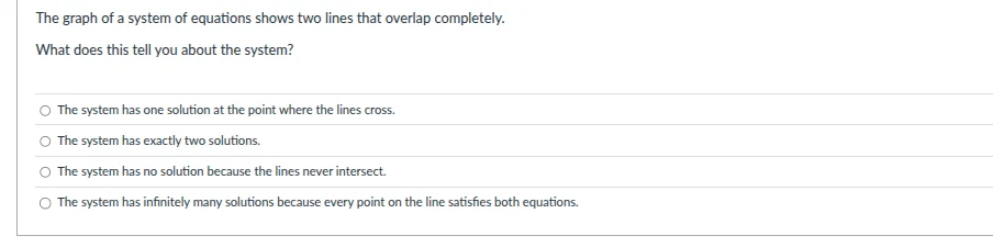 the graph of a system of equations shows two lines that overlap complet…