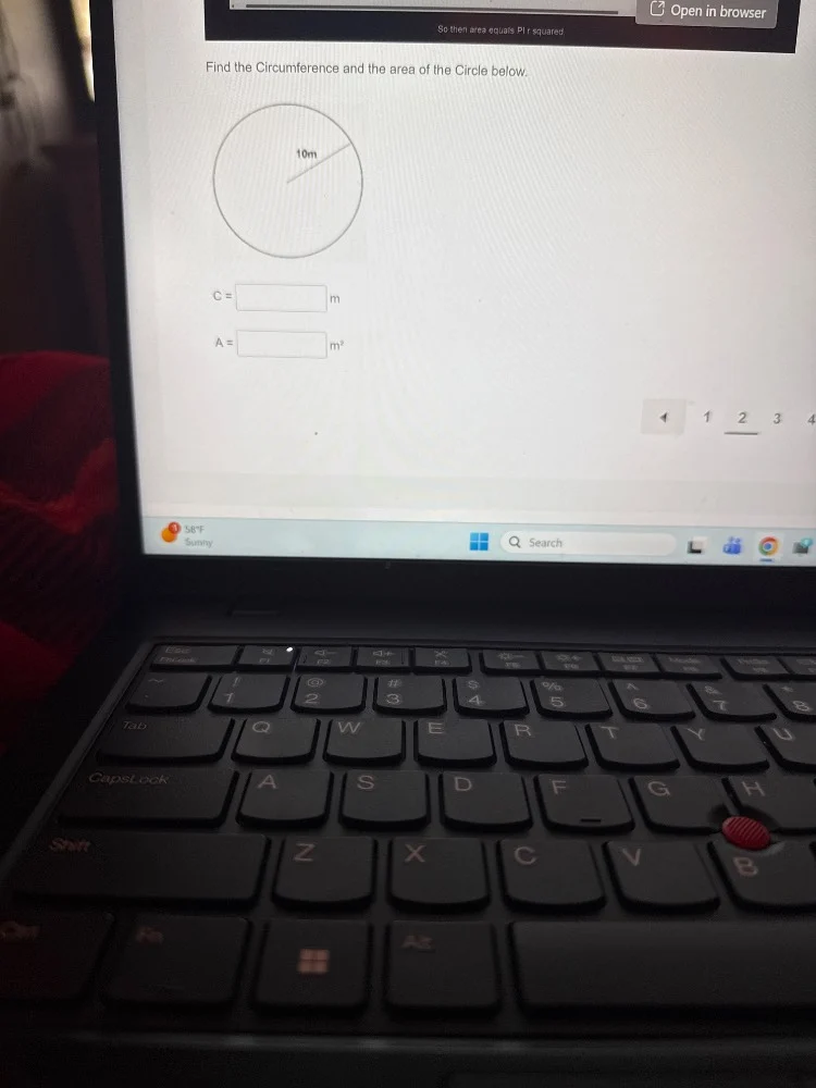 find the circumference and the area of the circle below. c= \\square m …