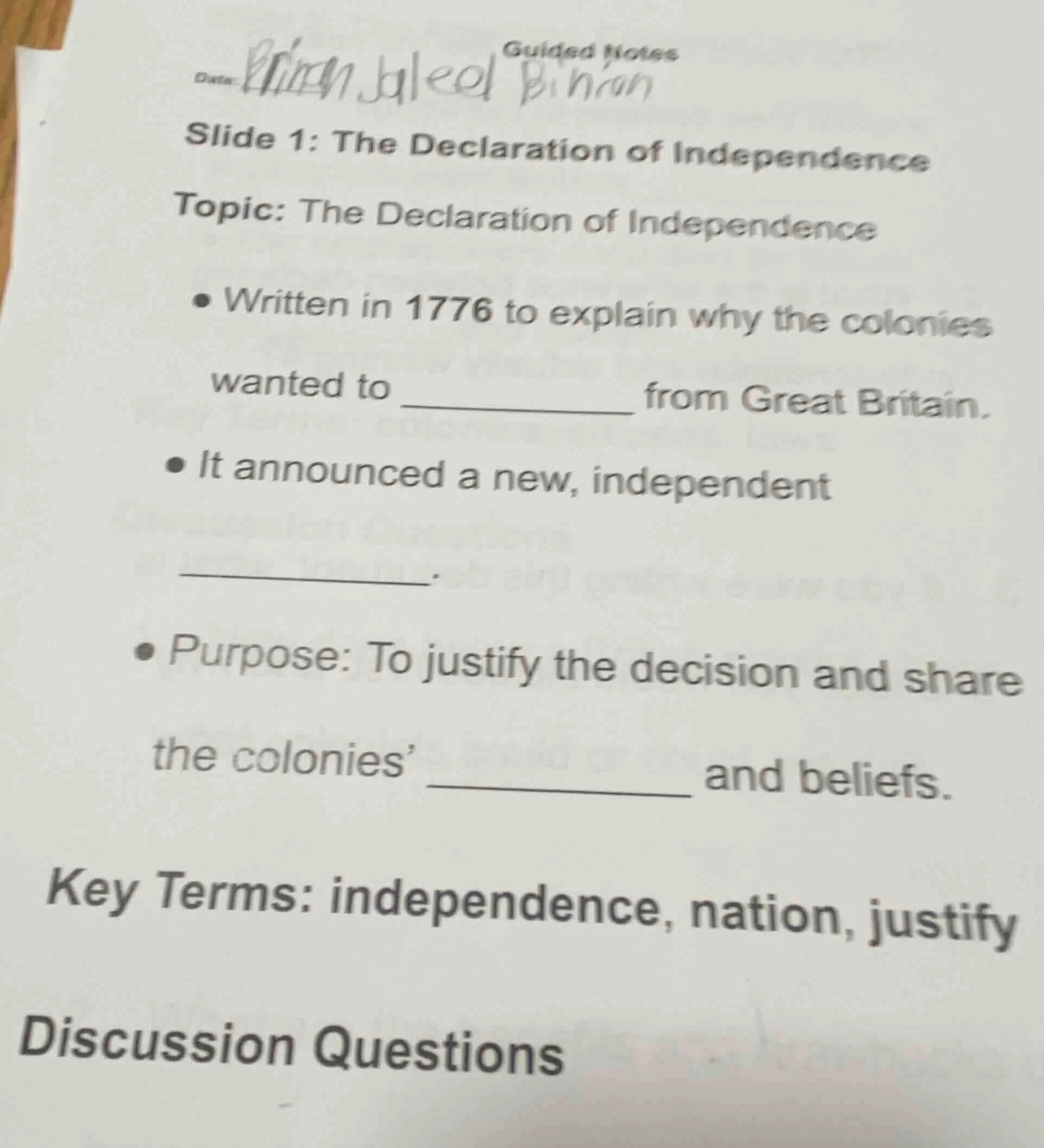 guided notes date: slide 1: the declaration of independence topic: the …