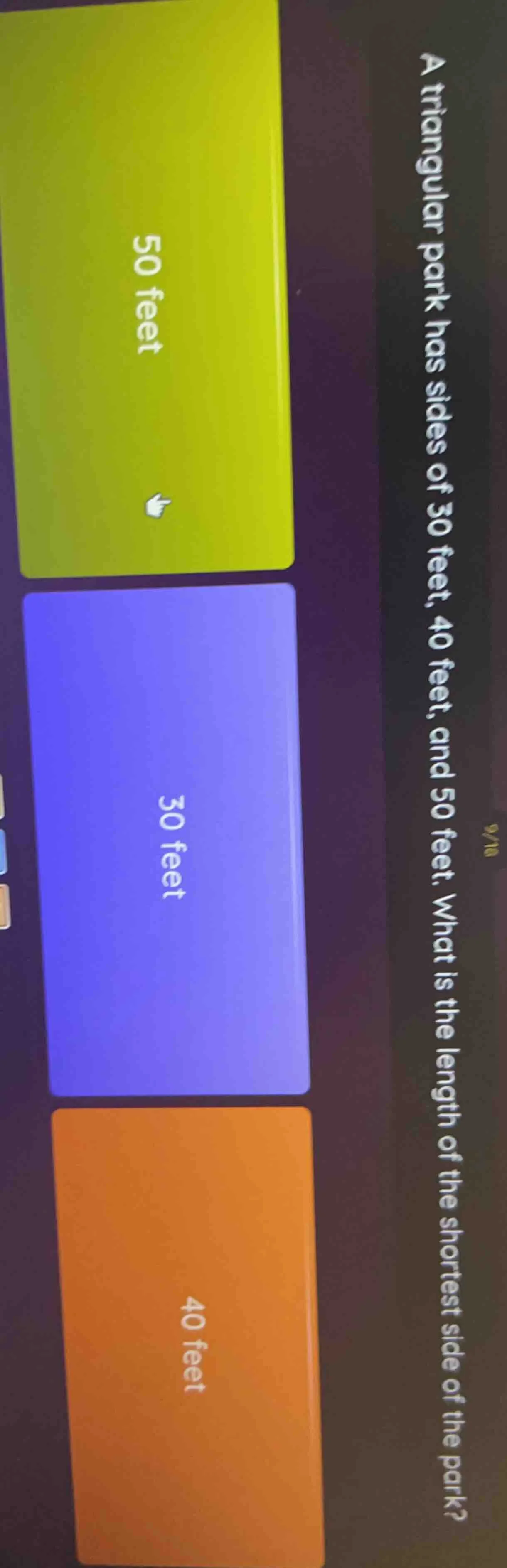 a triangular park has sides of 30 feet, 40 feet, and 50 feet. what is t…