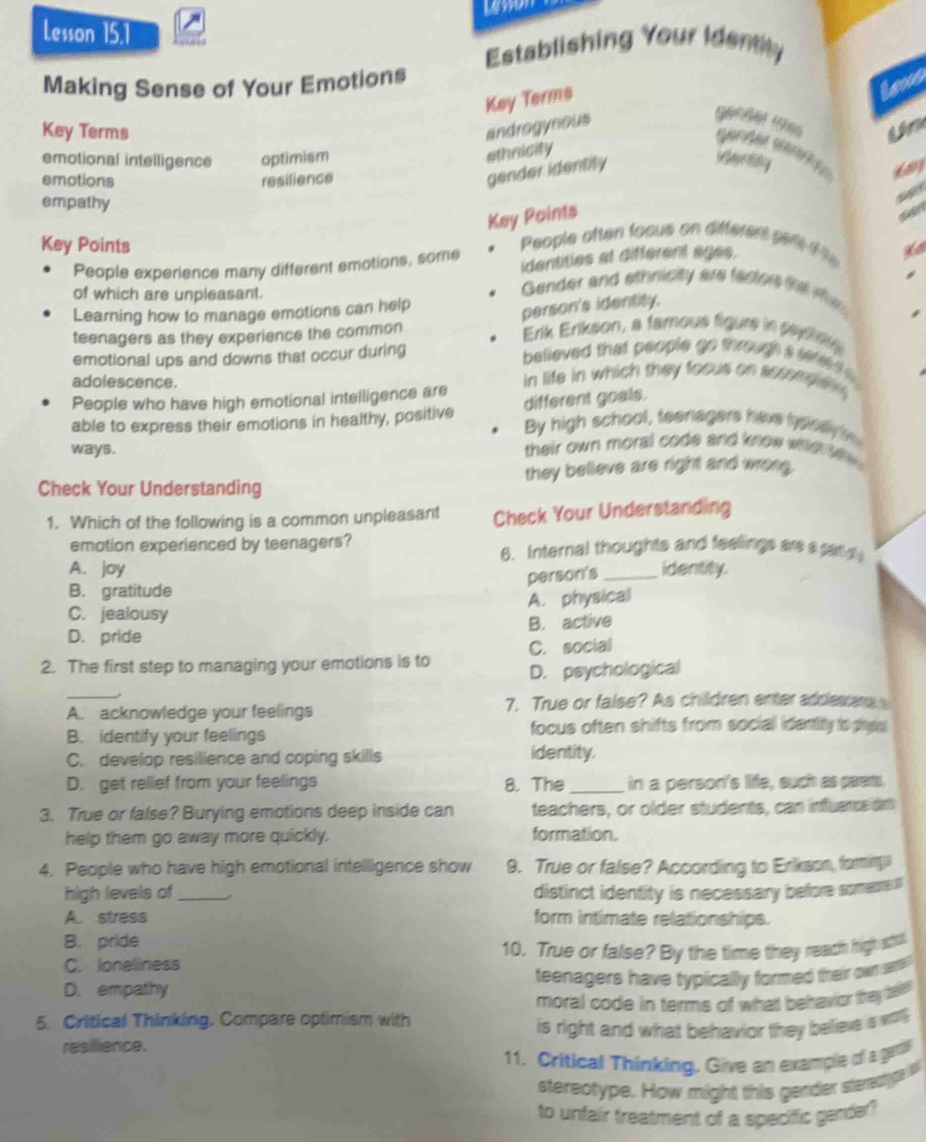 lesson 15.1 making sense of your emotions key terms emotional intellige…