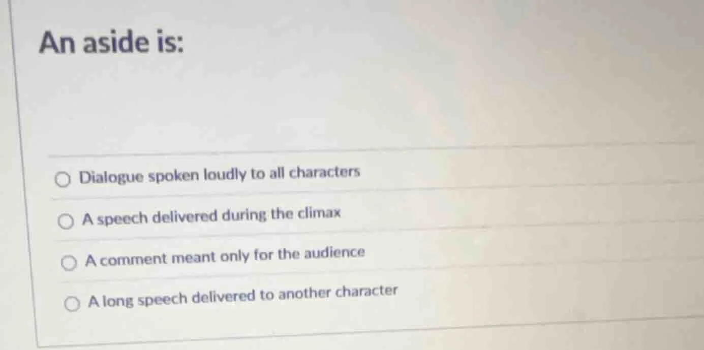 an aside is: dialogue spoken loudly to all characters a speech delivere…