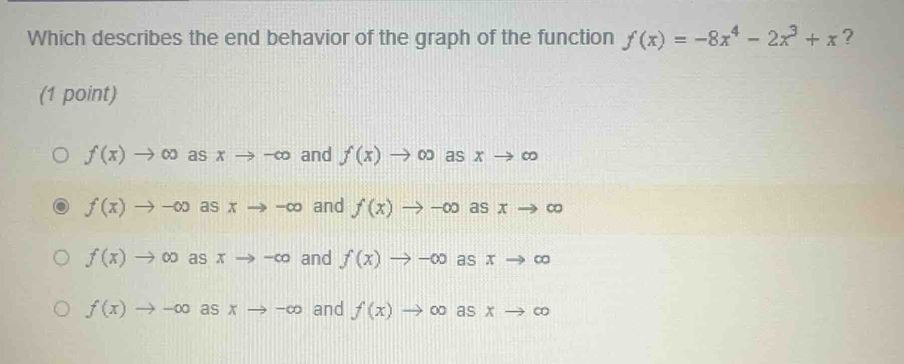 which describes the end behavior of the graph of the function $f(x) = -…