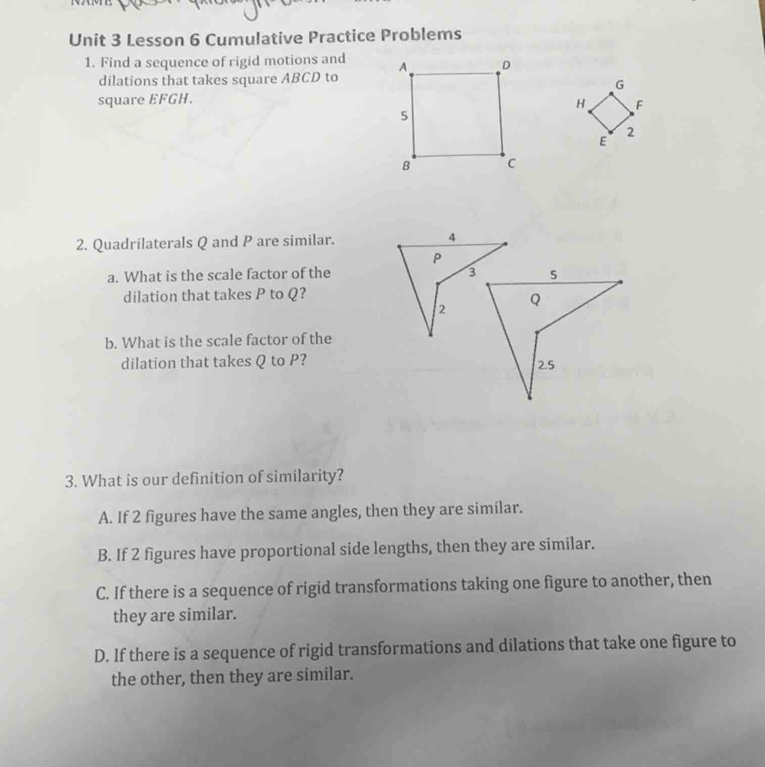 unit 3 lesson 6 cumulative practice problems 1. find a sequence of rigi…