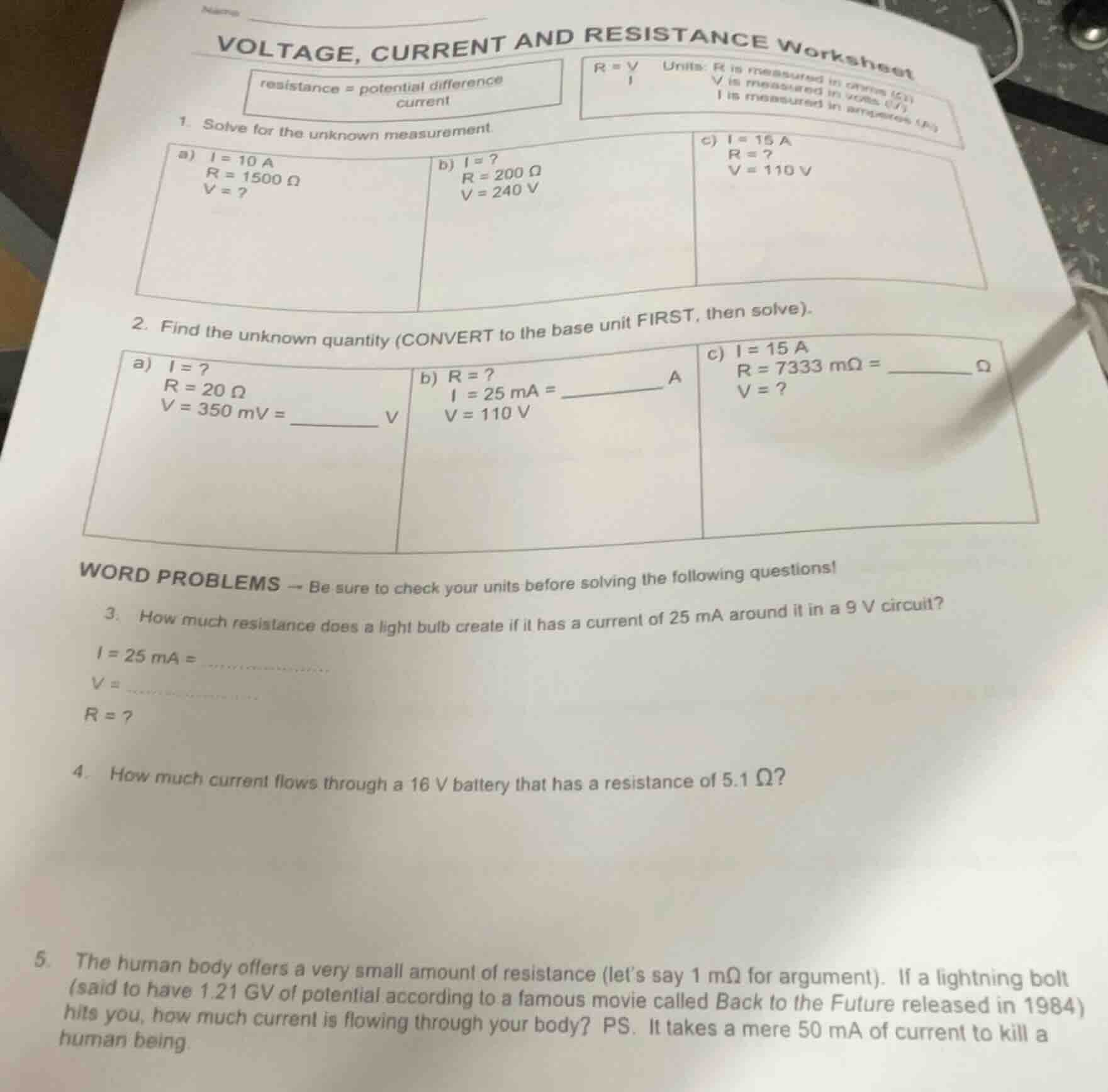 voltage, current and resistance worksheet resistance = potential differ…